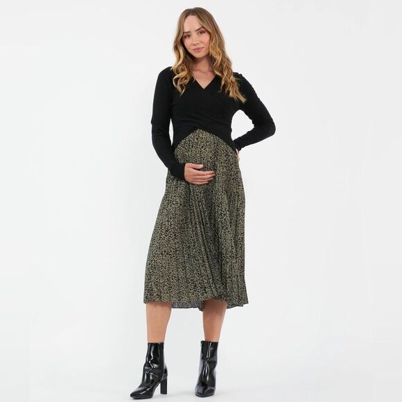 RIPE Maternity Cleo Pleated Midi Skirt in Khaki Green and Black Print